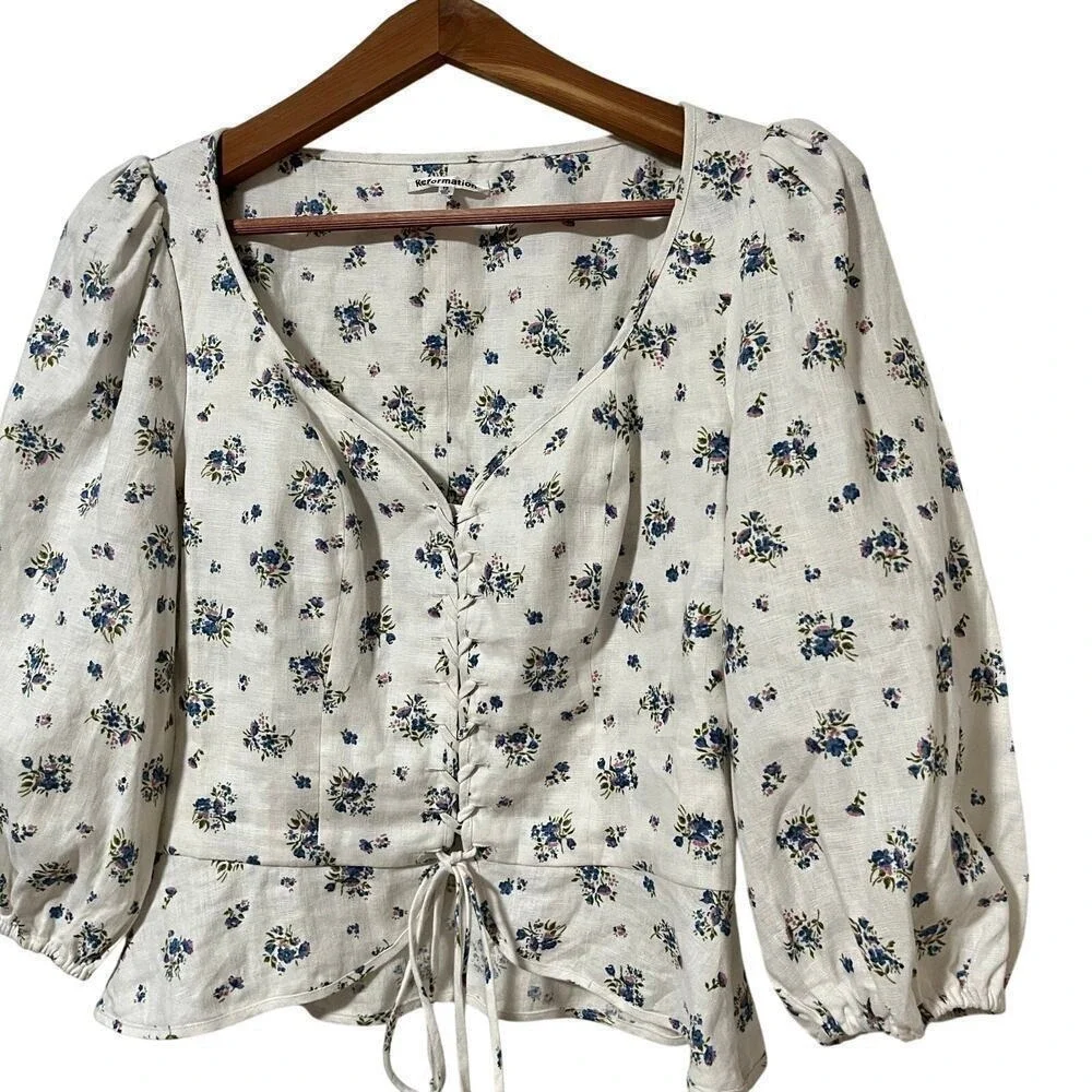 Reformation Barrett Ditsy‎ Floral Linen Lace Up Top Size 12 Puff Sleeve Cottage